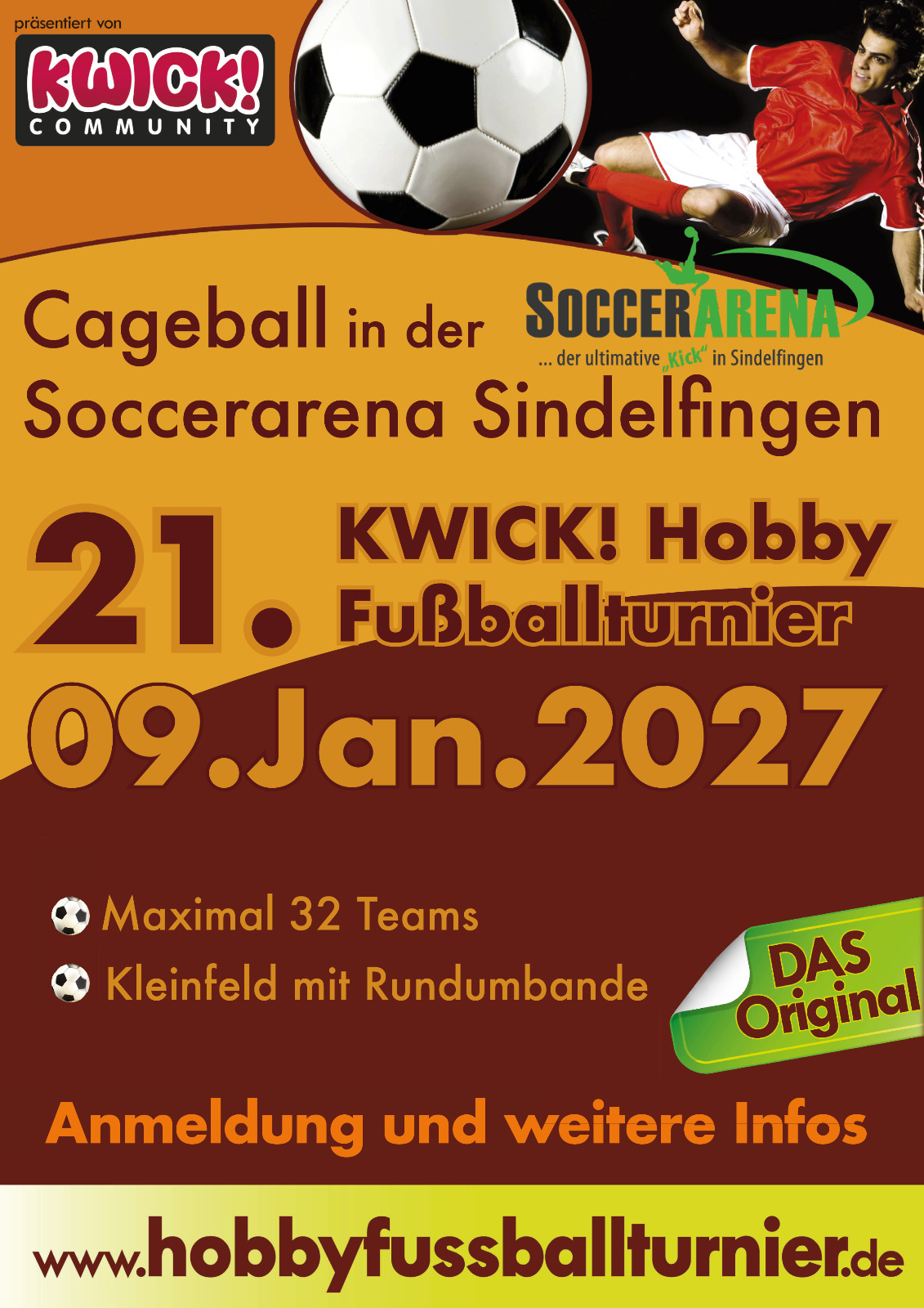 21. KWICK! Hobbyfussball-Turnier am 09. Januar 2027 in der SoccerArena Sindelfingen